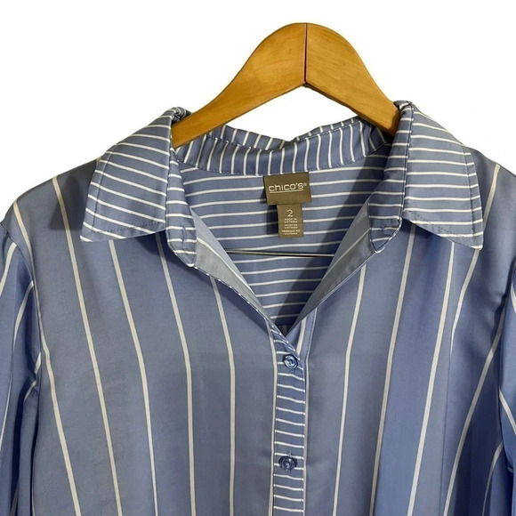 Chicos Striped Button Up Shirt Size 2 Blue Purple White Collared Long Sleeves - Picture 5 of 9
